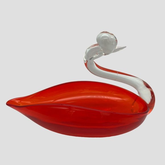 Vintage Art Glass Swan Trinket Dish Ruby Red & Clear 7.5" x 5" MCM - Picture 3 of 6